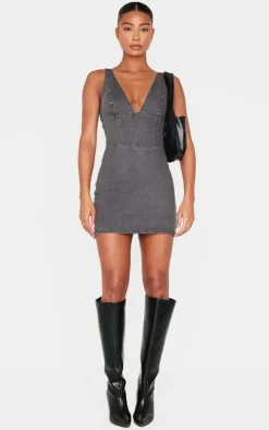 Washed Grey Plunge Corset Style Denim Mini Dress