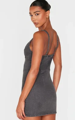 Washed Grey Plunge Corset Style Denim Mini Dress