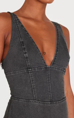 Washed Grey Plunge Corset Style Denim Mini Dress