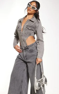 Washed Grey Pocket Front Denim Jacket High Side Bodysuit