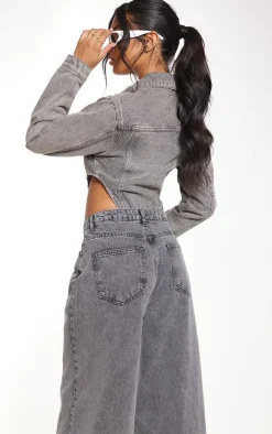 Washed Grey Pocket Front Denim Jacket High Side Bodysuit
