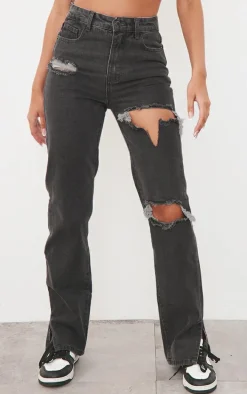 Washed Grey Ripped Split Hem Jeans