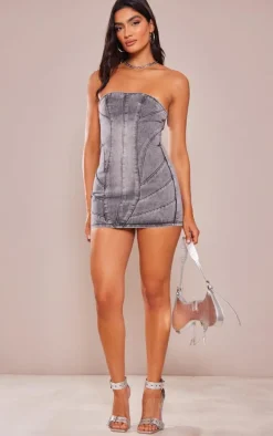 Washed Grey Seam Detail Bandeau Denim Mini Dress