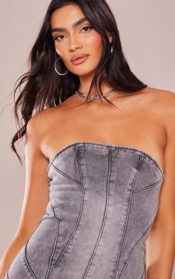 Washed Grey Seam Detail Bandeau Denim Mini Dress