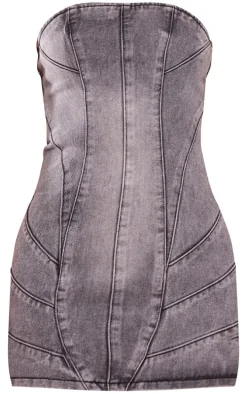 Washed Grey Seam Detail Bandeau Denim Mini Dress