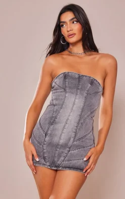 Washed Grey Seam Detail Bandeau Denim Mini Dress