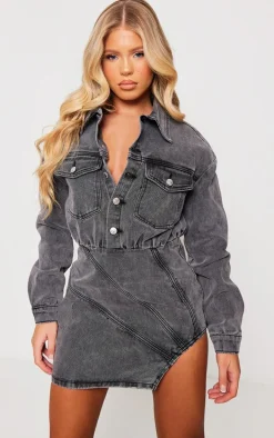 Washed Grey Seam Detail Curved Hem Denim Mini Dress