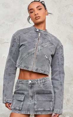 Washed Grey Seam Detail Shoulder Padded Racer Cropped Denim Jacket