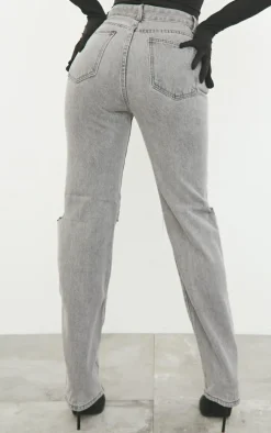 Washed Grey Slash Knee Long Leg Straight Leg Jeans
