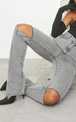 Washed Grey Slash Knee Long Leg Straight Leg Jeans