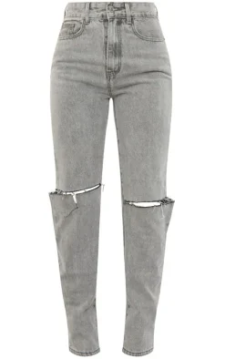 Washed Grey Slash Knee Long Leg Straight Leg Jeans