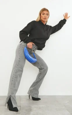 Washed Grey Split Hem Straight Leg Jeans