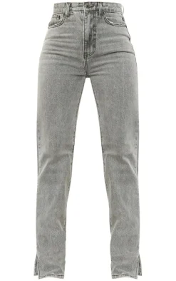 Washed Grey Split Hem Straight Leg Jeans