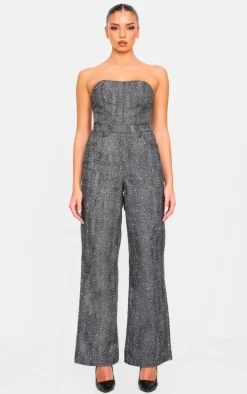 Washed Grey Studded Diamante Denim Bandeau Wide Leg Jumpsuit