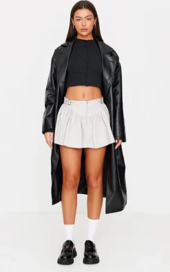 Washed Grey Twill Double Buckle Detail Mini Skirt