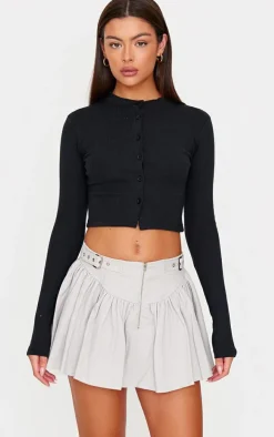 Washed Grey Twill Double Buckle Detail Mini Skirt