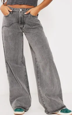 Washed Grey Western Detail Wide Leg Jeans