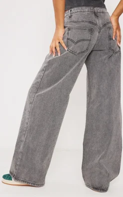 Washed Grey Western Detail Wide Leg Jeans