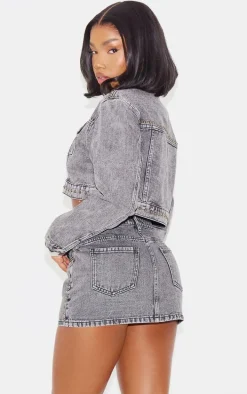 Washed Grey Western Pocket Studded Cropped Denim Jacket