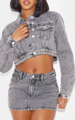 Washed Grey Western Pocket Studded Cropped Denim Jacket