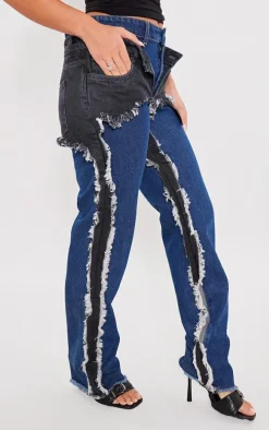 Washed Indigo Layered Effect Straight Leg Jeans