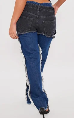 Washed Indigo Layered Effect Straight Leg Jeans