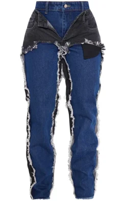 Washed Indigo Layered Effect Straight Leg Jeans