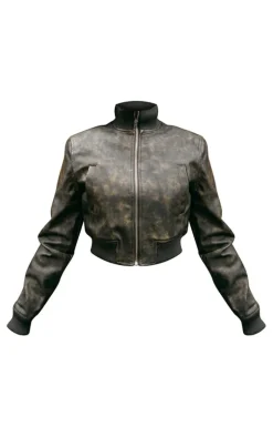 Washed Khaki Faux Leather Rib High Neck Shoulder Padded Bomber Jacket
