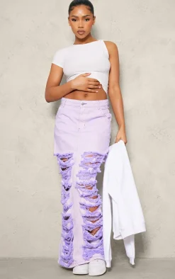 Washed Lilac Distressed Extreme Denim Midi Skirt