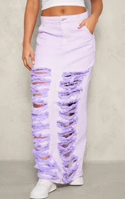 Washed Lilac Distressed Extreme Denim Midi Skirt