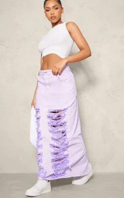 Washed Lilac Distressed Extreme Denim Midi Skirt