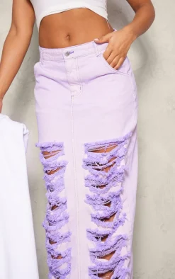 Washed Lilac Distressed Extreme Denim Midi Skirt