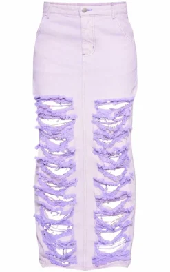 Washed Lilac Distressed Extreme Denim Midi Skirt