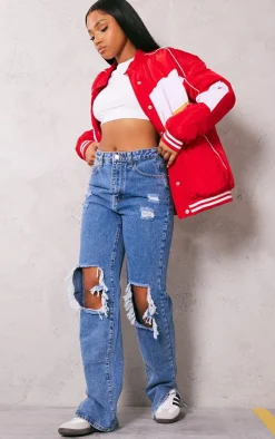 Washed Mid Blue Ripped Open Knee Split Hem Jeans