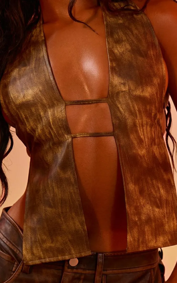 Washed Olive Faux Leather Halterneck Top