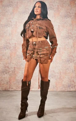 Washed Orange Denim Cargo Micro Mini Skirt