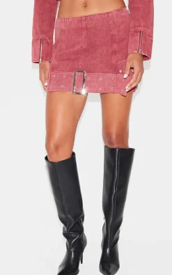 Washed Red Buckle Detail Denim Mini Skirt
