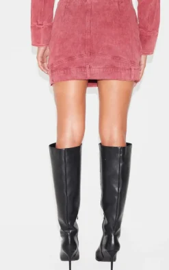 Washed Red Buckle Detail Denim Mini Skirt