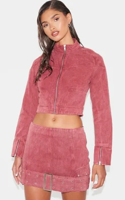 Washed Red Buckle Detail Denim Mini Skirt