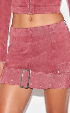 Washed Red Buckle Detail Denim Mini Skirt