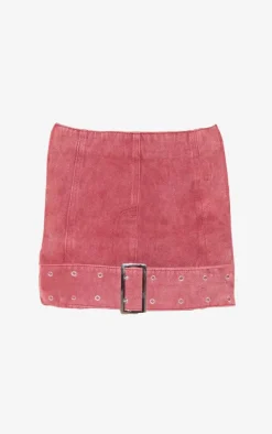 Washed Red Buckle Detail Denim Mini Skirt