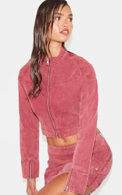 Washed Red Racer Neck Cropped Denim Jacket