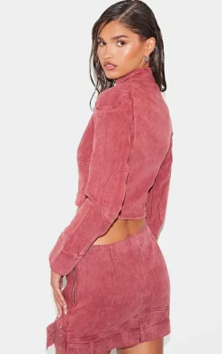 Washed Red Racer Neck Cropped Denim Jacket