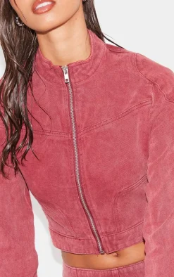 Washed Red Racer Neck Cropped Denim Jacket