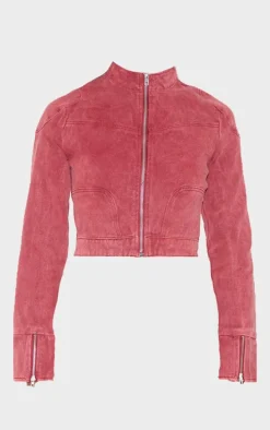 Washed Red Racer Neck Cropped Denim Jacket