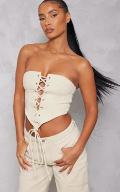 Washed Stone Cup Detail Lace Front Corset Denim Top