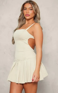 Washed Stone Cut Out Side Pleated Denim Mini Dress