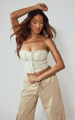 Washed Stone Denim Hook And Eye Structured Corset Top