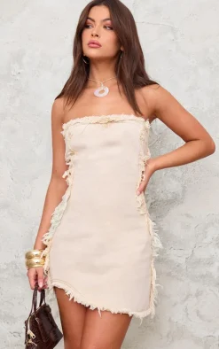 Washed Stone Frayed Seam Curved Hem Denim Mini Dress