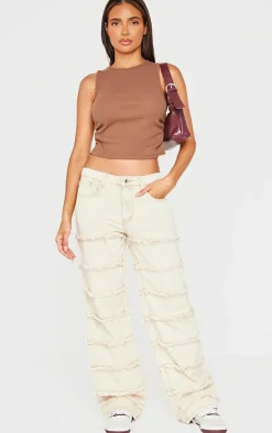 Washed Stone Frayed Striped Seam Wide Leg Jeans